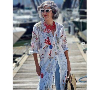 ZARA Women LONG EMBROIDERED shirt dress sea motifs OYSTER WHITE XS S M L NWT